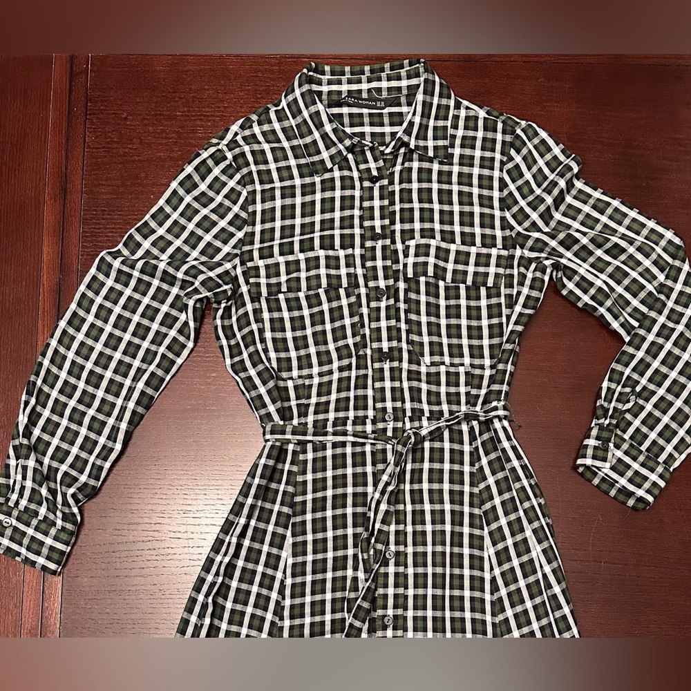 NWOT ZARA Green Plaid Midi Shirt Dress - Picture 2 of 5